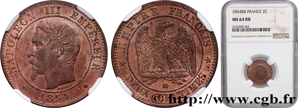 Deux centimes Napoléon III, tête nue 1854 Strasbourg F.107/11 fST64 NGC