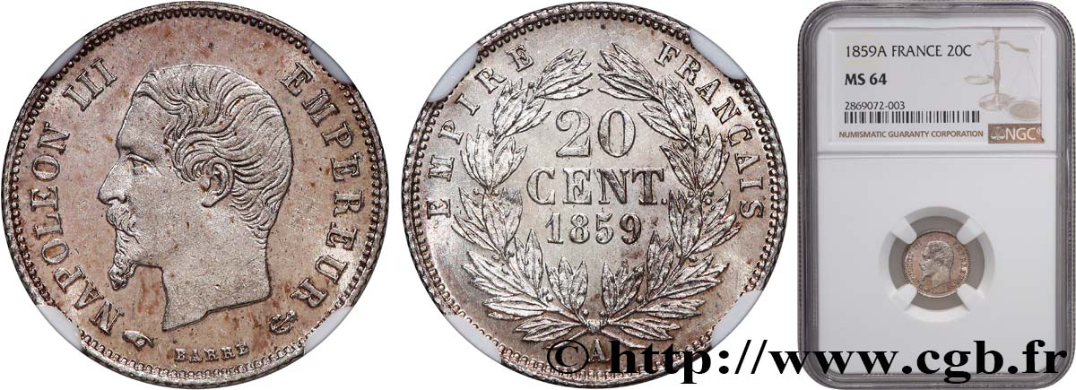 20 centimes Napoléon III, tête nue 1859 Paris F.148/12 MS64 NGC