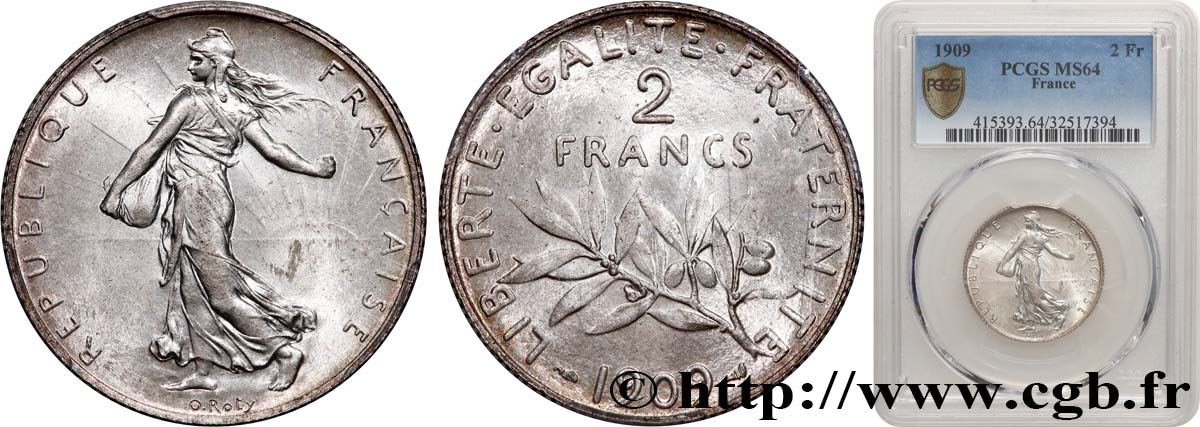 2 francs Semeuse 1909  F.266/11 MS64 PCGS