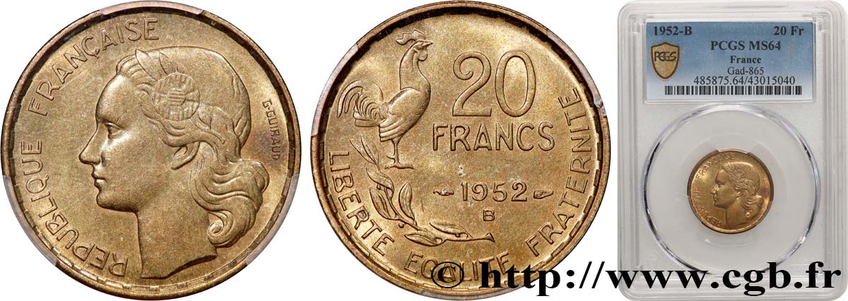20 francs G. Guiraud 1952 Beaumont-Le-Roger F.402/10 MS64 PCGS