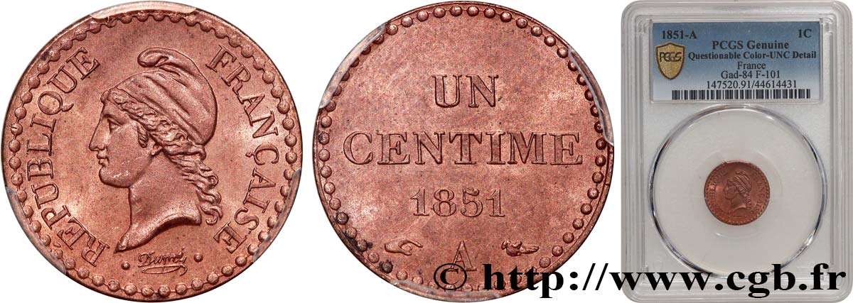 Un centime Dupré, IIe République 1851 Paris F.101/7 EBC+ PCGS