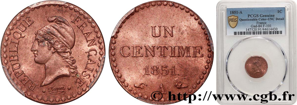 Un centime Dupré, IIe République 1851 Paris F.101/7 VZ+ PCGS