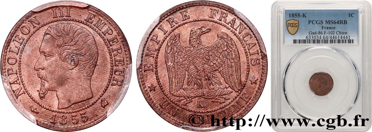 Un centime Napoléon III, tête nue 1855 Bordeaux F.102/22 MS64 PCGS