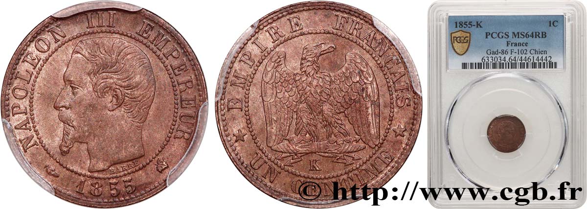 Un centime Napoléon III, tête nue 1855 Bordeaux F.102/22 MS64 PCGS