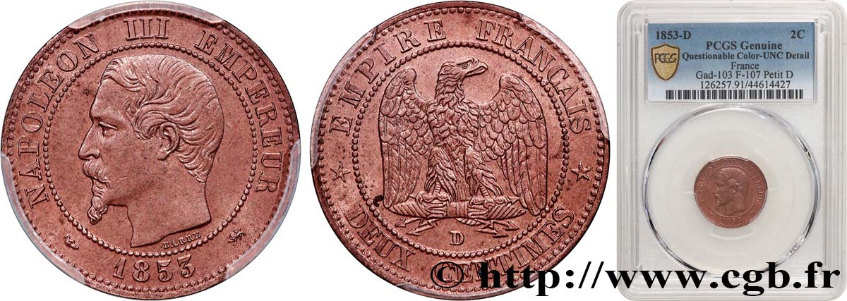 Deux centimes Napoléon III, tête nue 1853 Lyon F.107/5 SUP+ PCGS