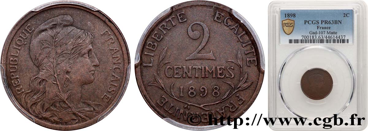 2 centimes Daniel-Dupuis, flan mat 1898  F.110/2 fST63 PCGS
