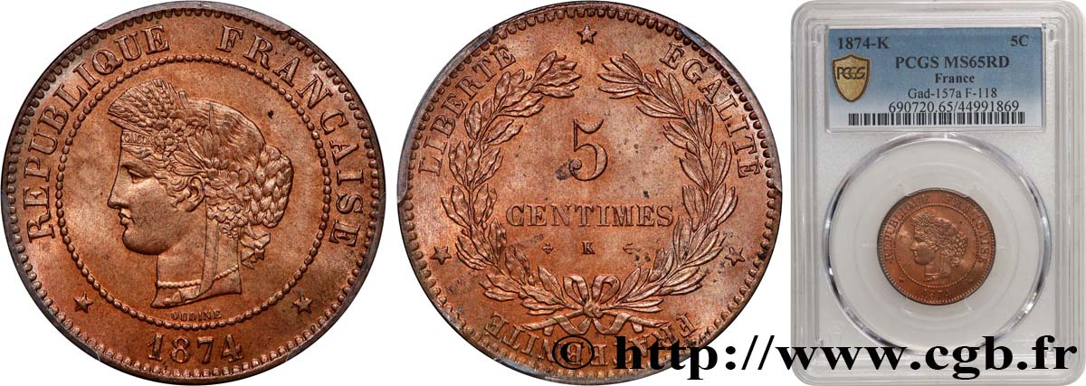 5 centimes Cérès 1874 Bordeaux F.118/10 FDC65 PCGS