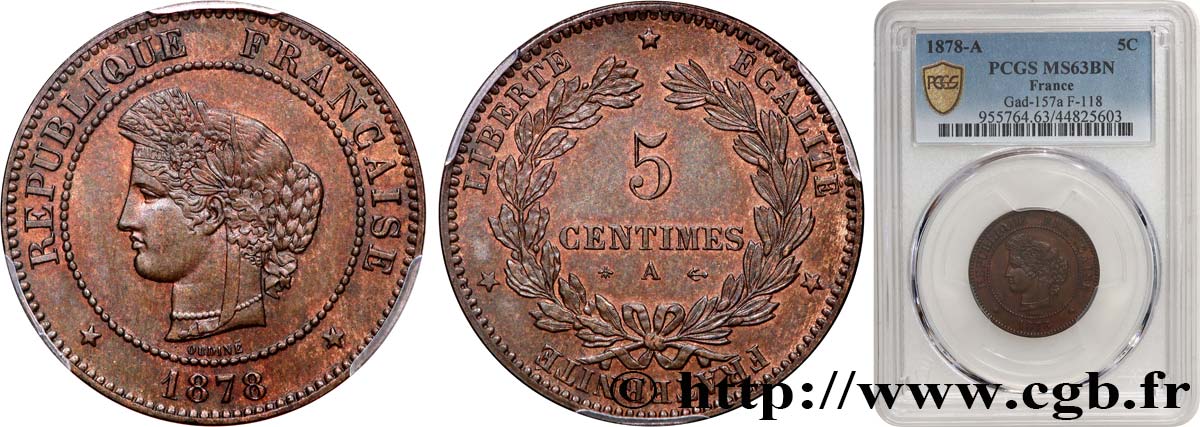 5 centimes Cérès 1878 Paris F.118/17 SC63 PCGS