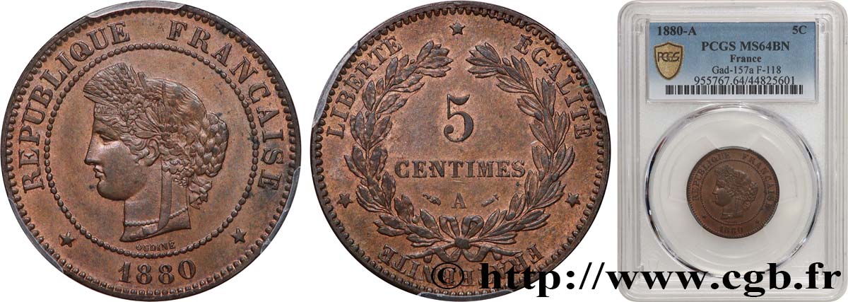 5 centimes Cérès 1880 Paris F.118/21 SC64 PCGS