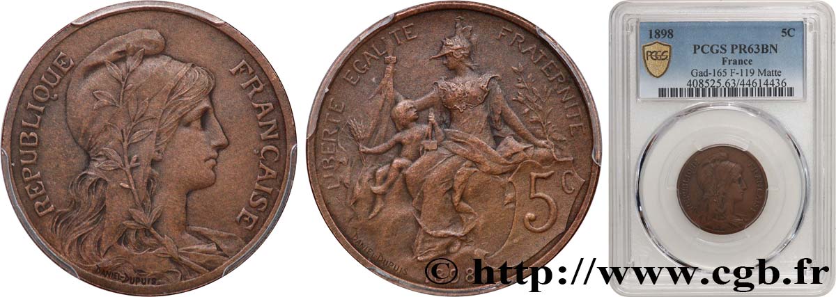 5 centimes Daniel-Dupuis, Flan Mat 1898  F.119/6 SC63 PCGS