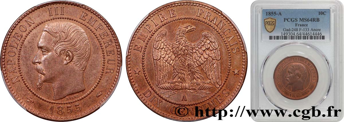 Dix centimes Napoléon III, tête nue 1855 Paris F.133/20 MS64 PCGS