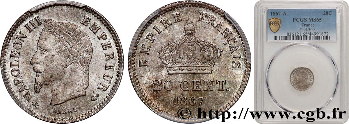 20 centimes Napoléon III, tête laurée, grand module 1867 Paris F.150/1 FDC65 PCGS