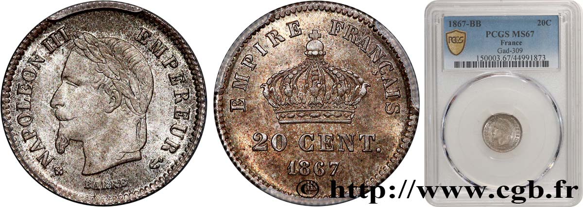 20 centimes Napoléon III, tête laurée, grand module 1867 Strasbourg F.150/2 ST67 PCGS
