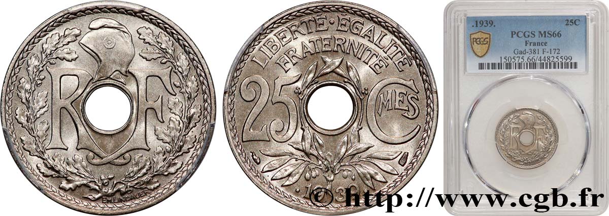 25 centimes Lindauer, maillechort 1939  F.172/3 MS66 PCGS