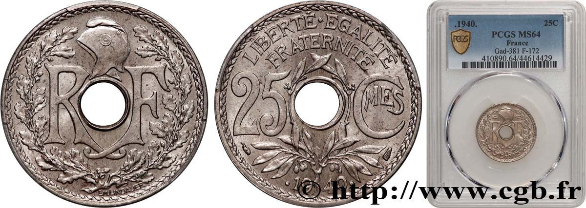 25 centimes Lindauer, maillechort 1940  F.172/4 SPL64 PCGS
