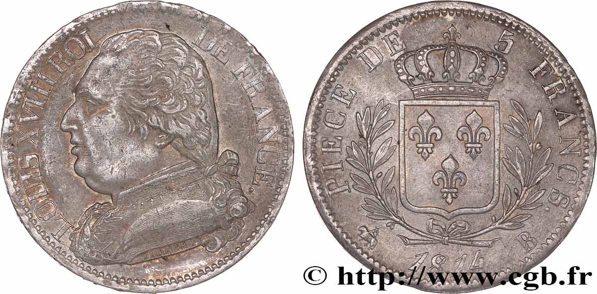 5 francs Louis XVIII, buste habillé 1814 Rouen F.308/2 MBC 