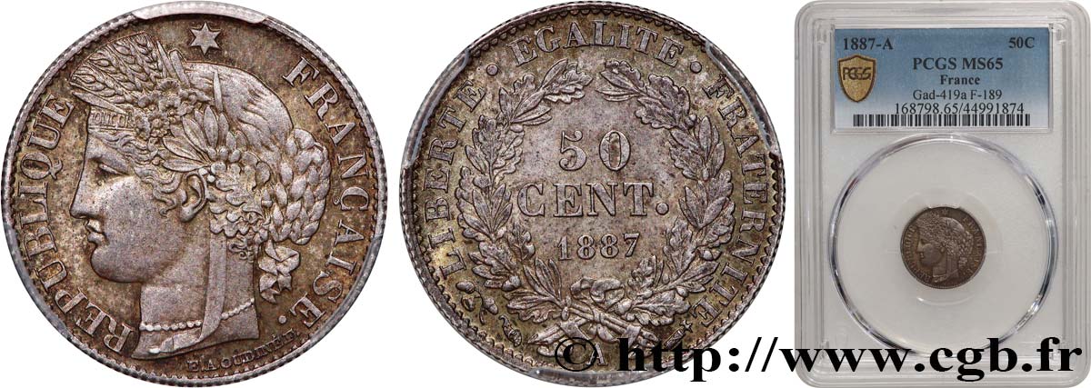 50 centimes Cérès, Troisième République 1887 Paris F.189/12 MS65 PCGS