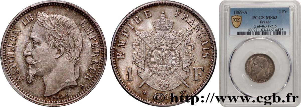 1 franc Napoléon III, tête laurée 1869 Paris F.215/14 SC63 PCGS