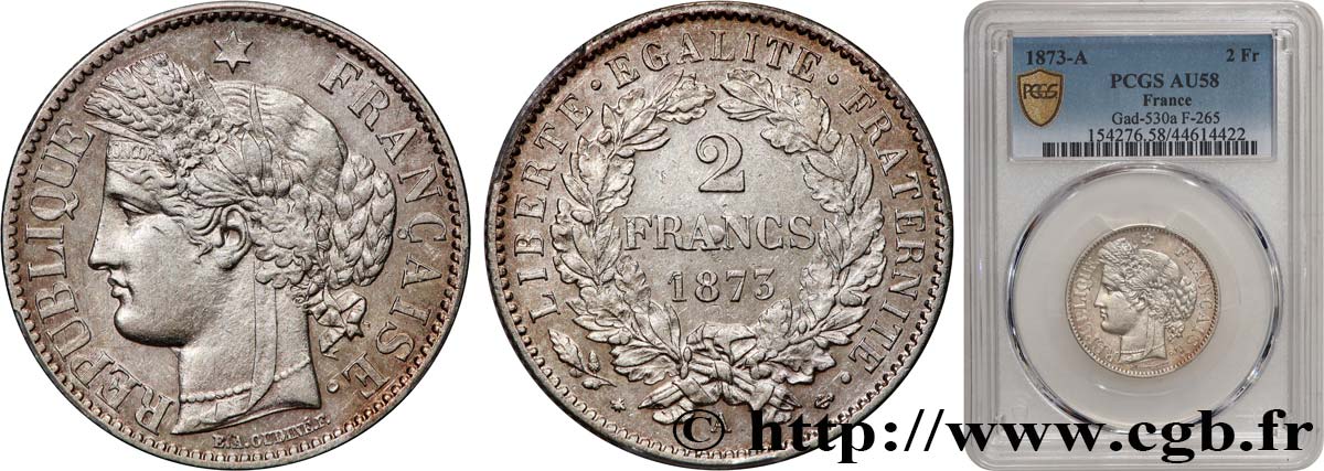 2 francs Cérès, avec légende 1873 Paris F.265/10 VZ58 PCGS