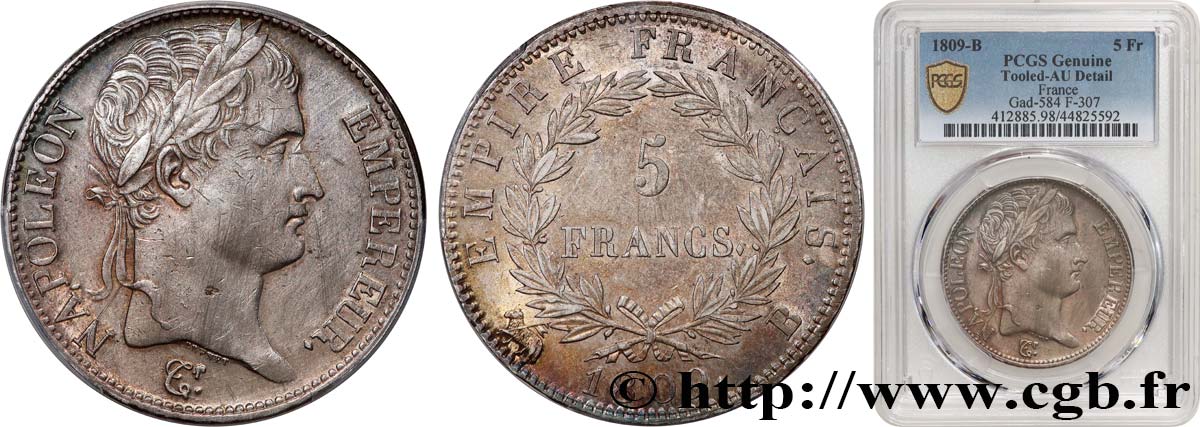 5 francs Napoléon Empereur, Empire français 1809 Rouen F.307/2 TTB+ PCGS