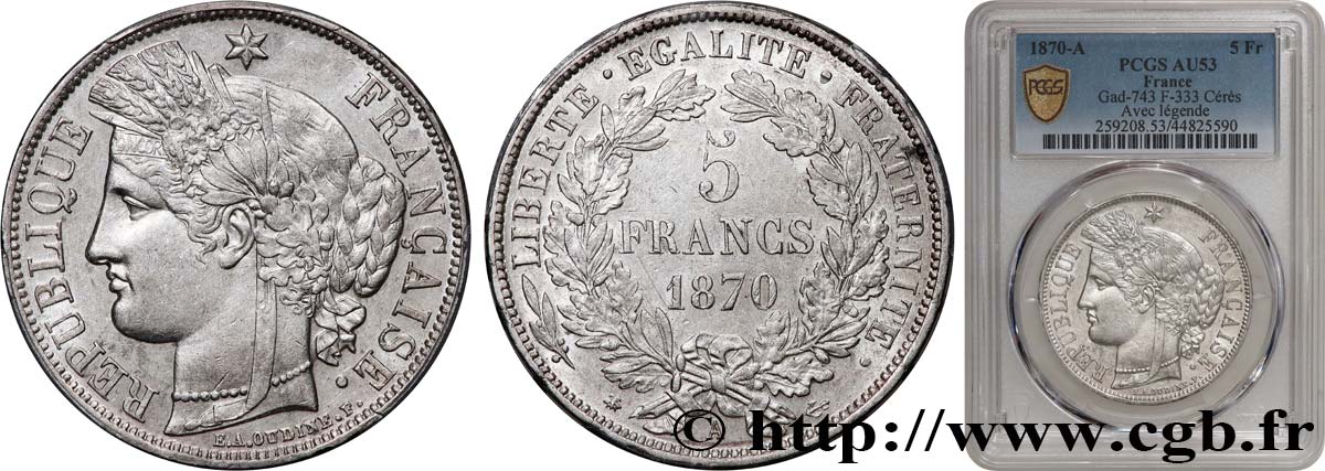 5 francs Cérès, avec légende 1870 Paris F.333/1 TTB53 PCGS