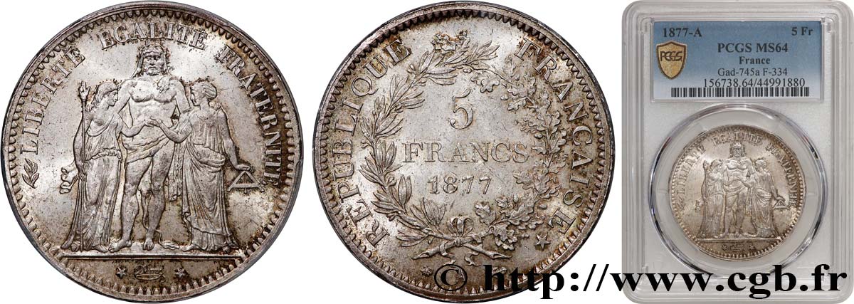 5 francs Hercule 1877 Paris F.334/19 SPL64 PCGS