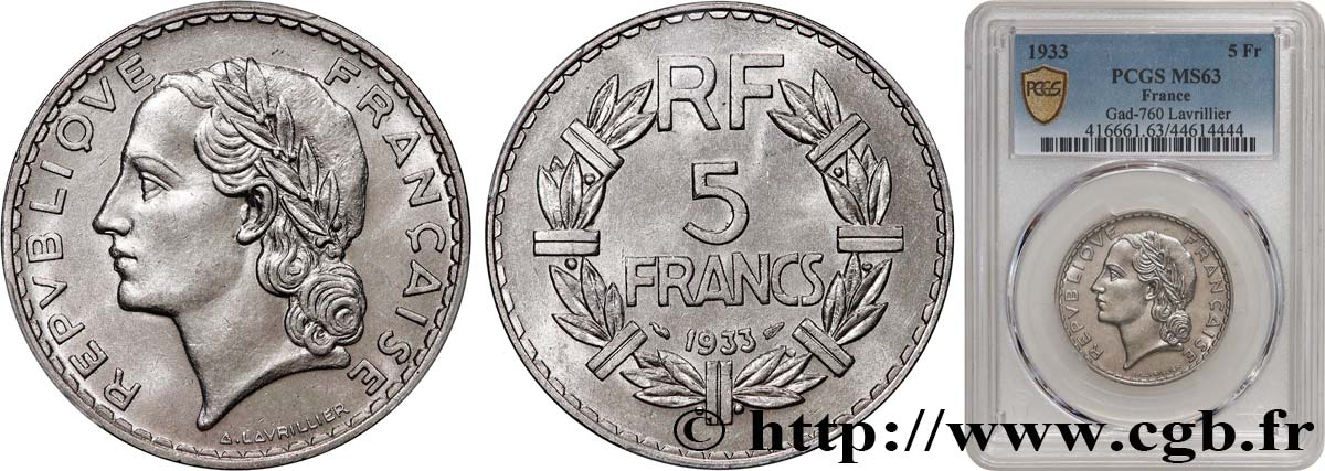 5 francs Lavrillier, nickel 1933  F.336/2 fST63 PCGS