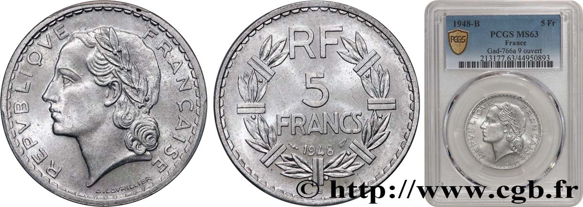 5 francs Lavrillier, aluminium 1948 Beaumont-Le-Roger F.339/15 SC63 PCGS