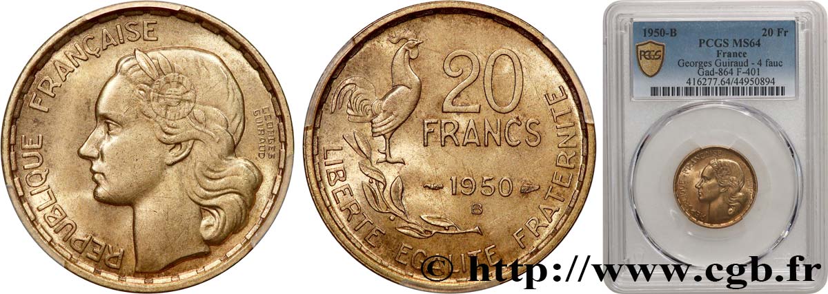 20 francs Georges Guiraud, 4 faucilles 1950 Beaumont-Le-Roger F.401/3 MS64 PCGS
