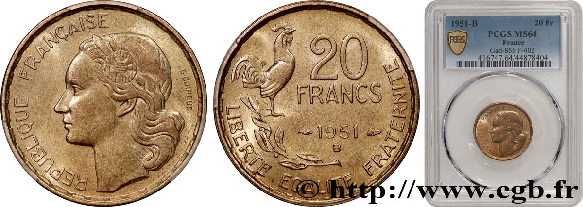 20 francs G. Guiraud 1951 Beaumont-Le-Roger F.402/8 SPL64 PCGS