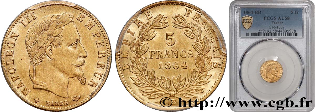 5 francs or Napoléon III, tête laurée 1864 Strasbourg F.502/6 AU58 PCGS