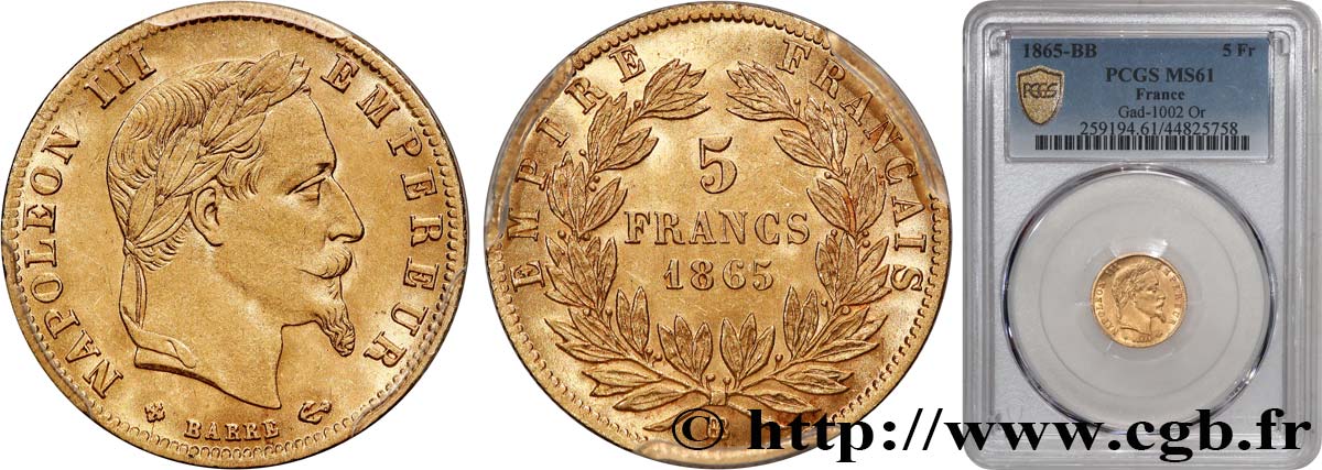 5 francs or Napoléon III, tête laurée 1865 Strasbourg F.502/8 SPL61 PCGS