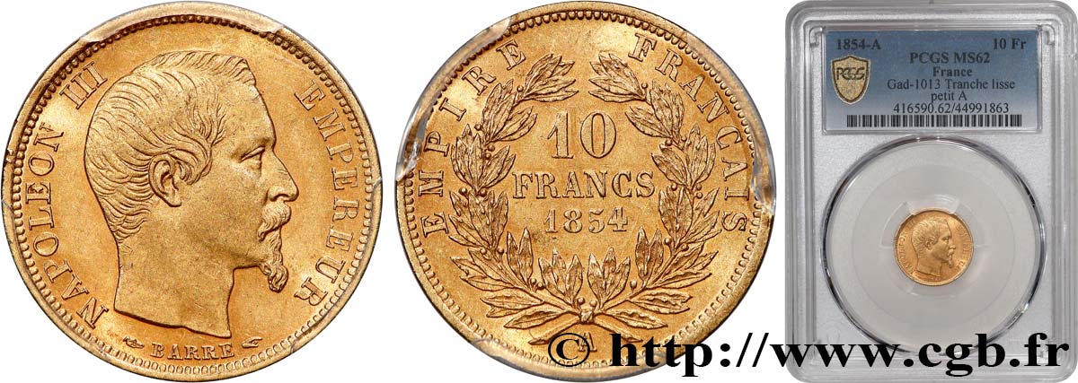 10 francs or Napoléon III, tête nue, petit module, tranche lisse 1854 Paris F.505/1 VZ62 PCGS