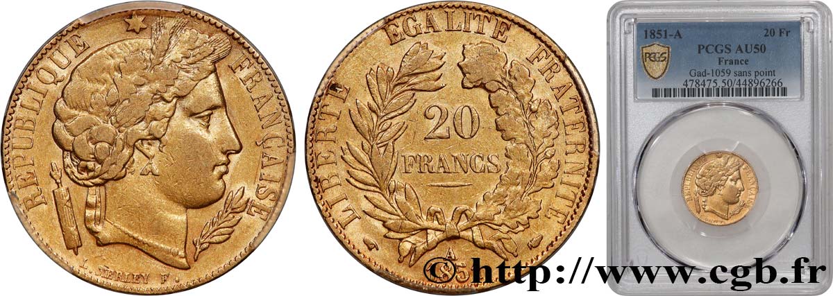 20 francs or Cérès 1851 Paris F.529/5 AU50 PCGS