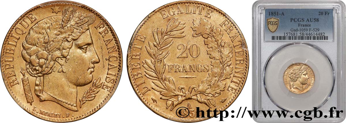 20 francs or Cérès 1851 Paris F.529/4 AU58 PCGS