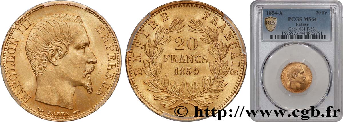 20 francs or Napoléon III, tête nue 1854 Paris F.531/2 SPL64 PCGS