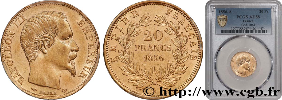 20 francs or Napoléon III, tête nue 1856 Paris F.531/9 AU58 PCGS
