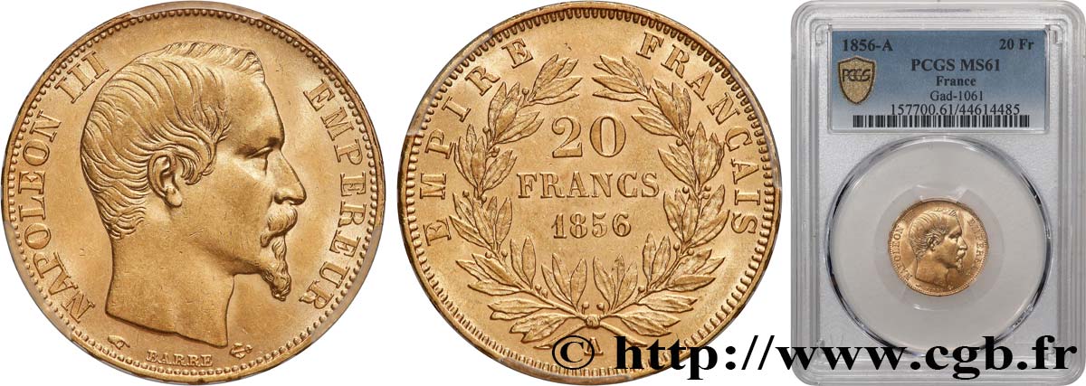 20 francs or Napoléon III, tête nue 1856 Paris F.531/9 SUP61 PCGS