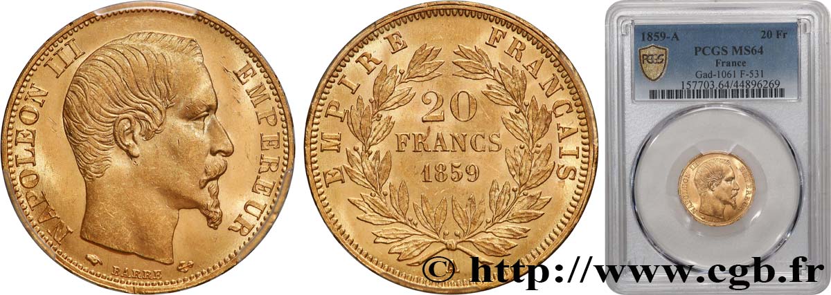 20 francs or Napoléon III, tête nue 1859 Paris F.531/15 SPL64 PCGS