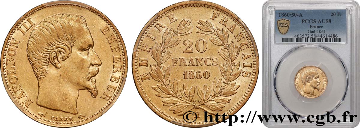 20 francs or Napoléon III, tête nue 1860 Paris F.531/17 SUP58 PCGS