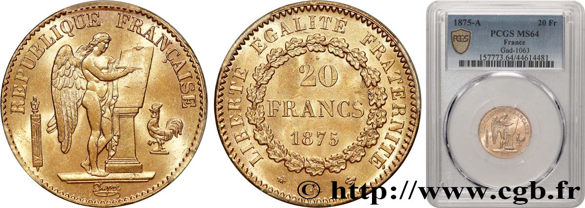 20 francs or Génie, Troisième République 1875 Paris F.533/3 SPL64 PCGS