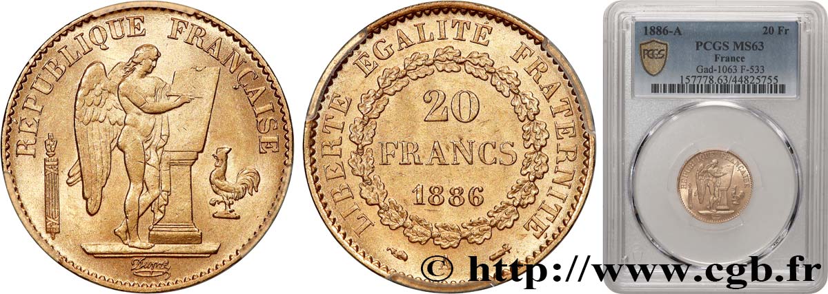 20 francs or Génie, IIIe République 1886 Paris F.533/9 MS63 PCGS