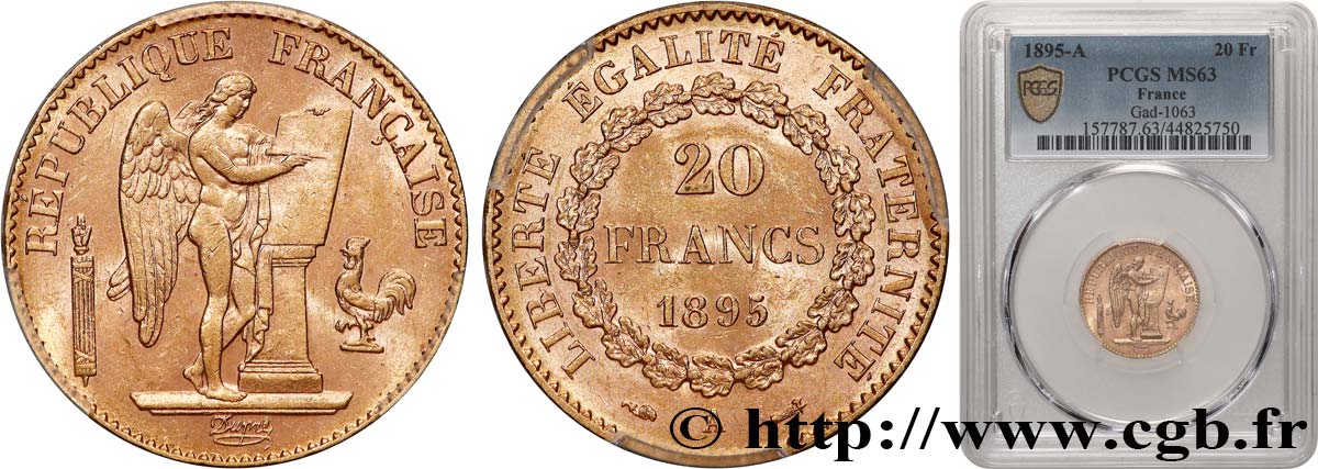 20 francs or Génie, IIIe République 1895 Paris F.533/19 fST63 PCGS