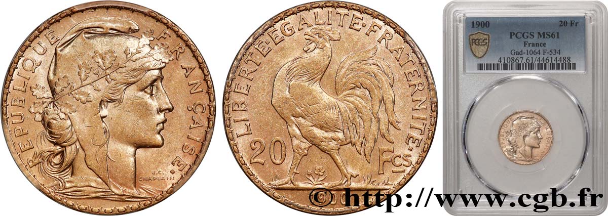 20 francs or Coq, Dieu protège la France 1900 Paris F.534/4 MS61 PCGS