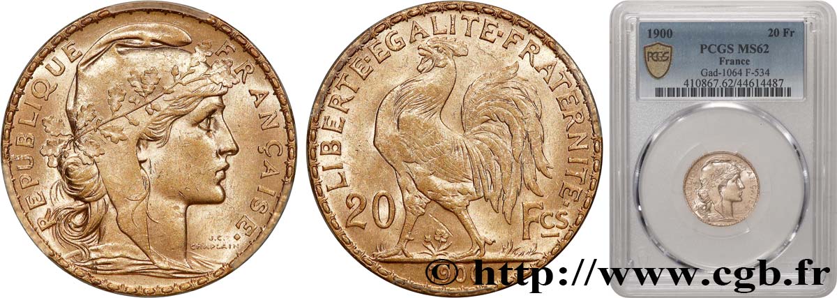 20 francs or Coq, Dieu protège la France 1900 Paris F.534/4 MS62 PCGS