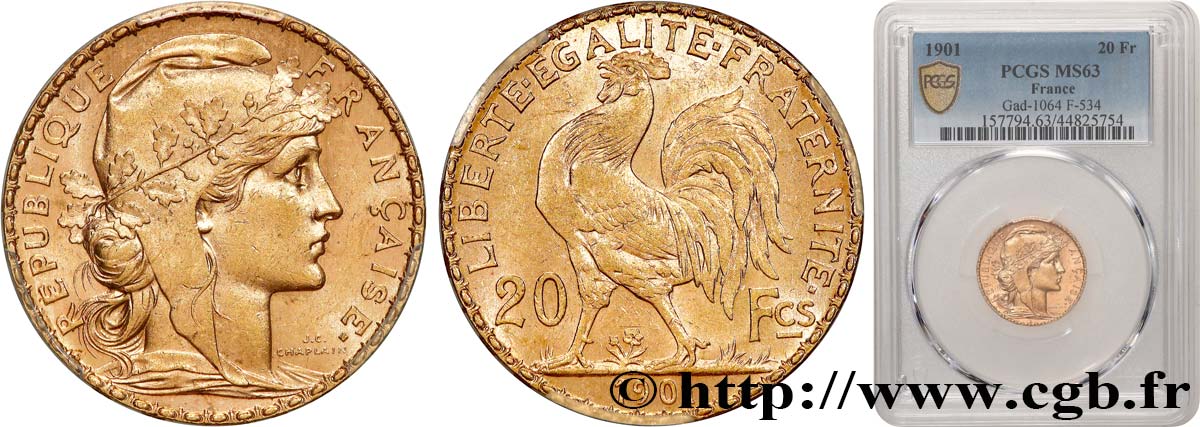 20 francs or Coq, Dieu protège la France 1901 Paris F.534/6 SC63 PCGS