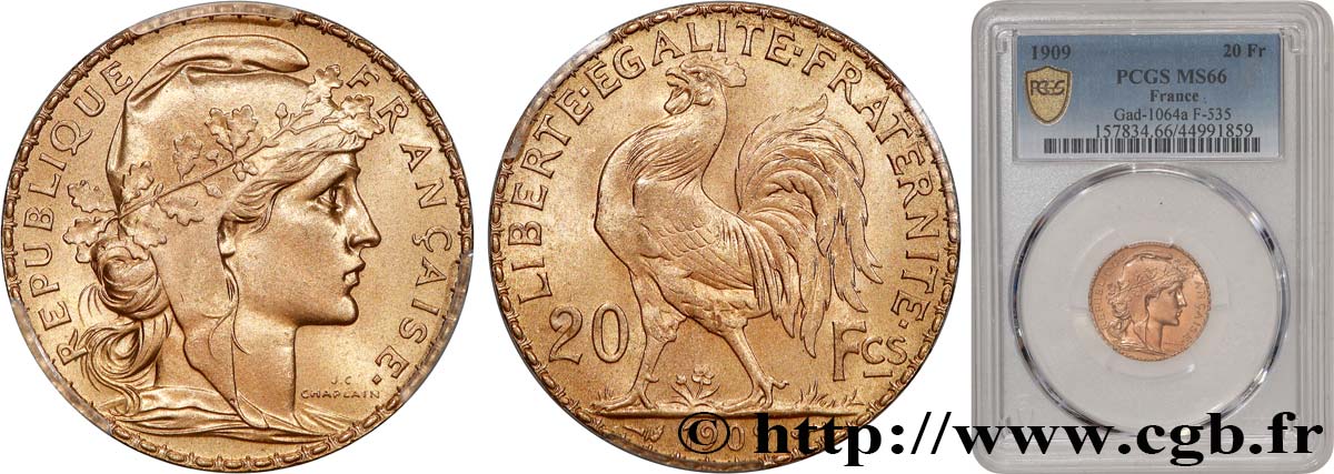 20 francs or Coq, Liberté Égalité Fraternité 1909 Paris F.535/3 MS66 PCGS