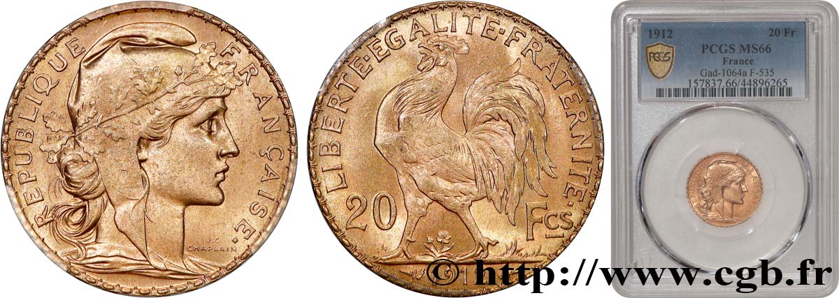 20 francs or Coq, Liberté Égalité Fraternité 1912 Paris F.535/6 MS66 PCGS