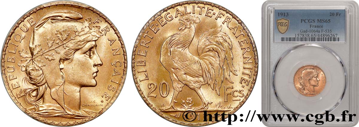 20 francs or Coq, Liberté Égalité Fraternité 1913 Paris F.535/7 FDC65 PCGS