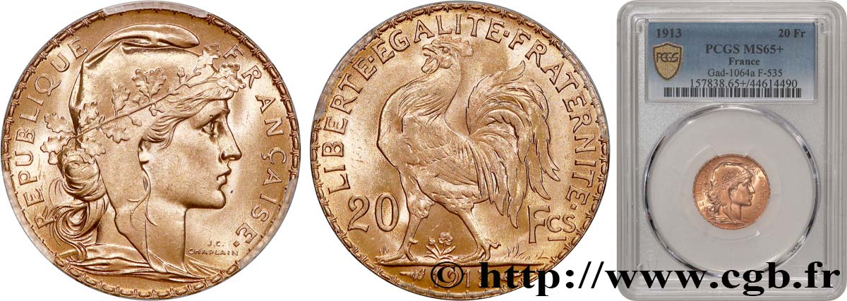 20 francs or Coq, Liberté Égalité Fraternité 1913 Paris F.535/7 MS65 PCGS